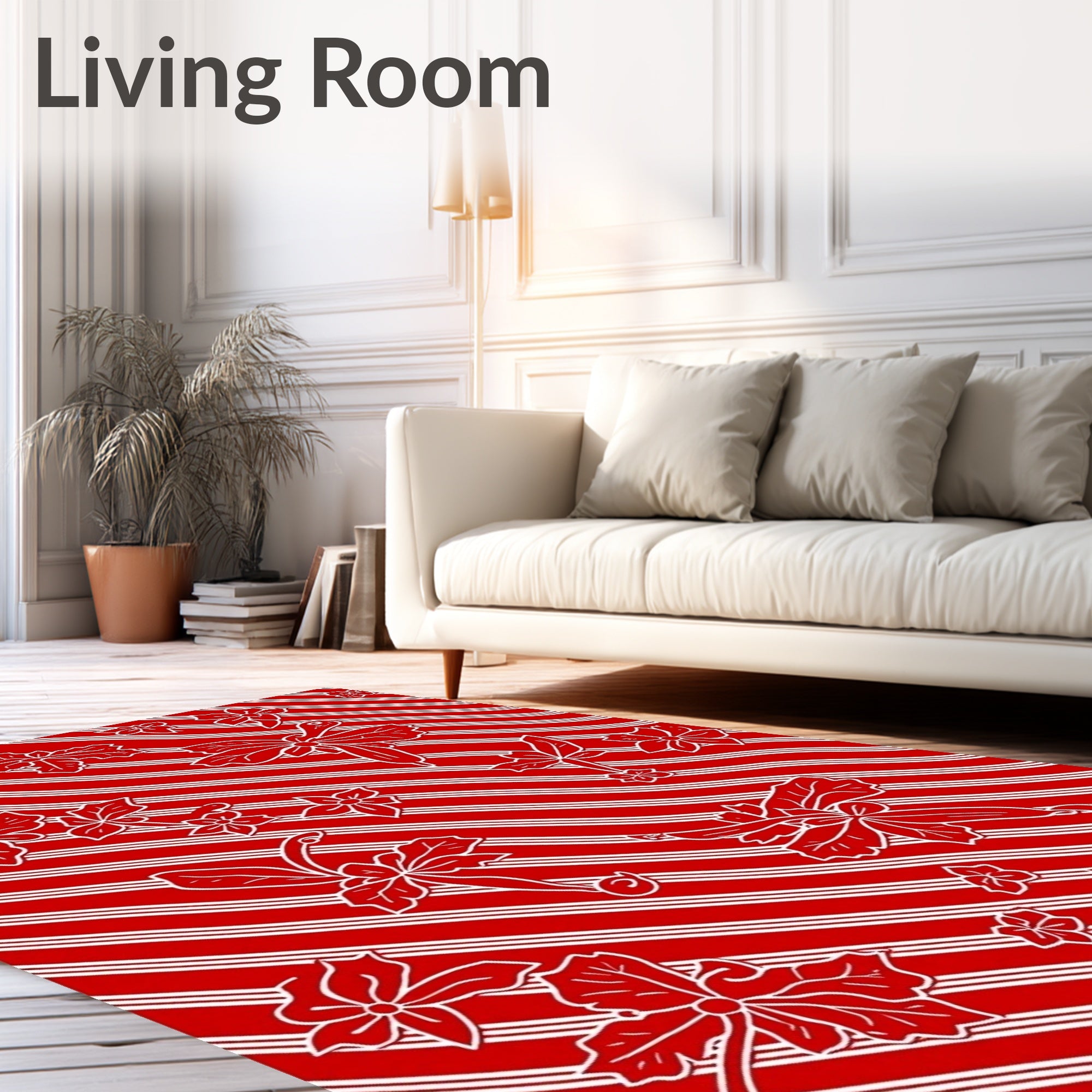 Crimson White Floral Striped Whimsical Rug