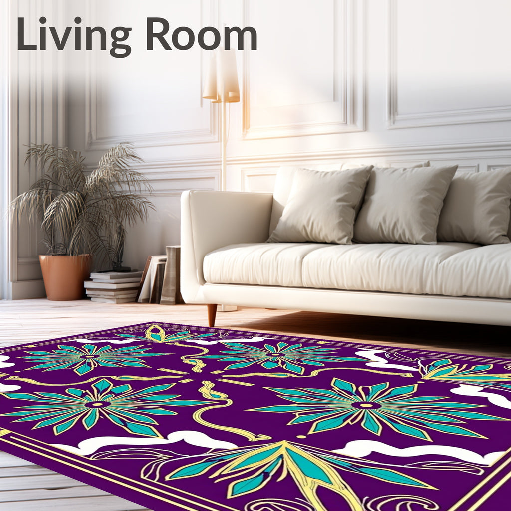 Vibrant Teal Floral Medallion Purple Rug