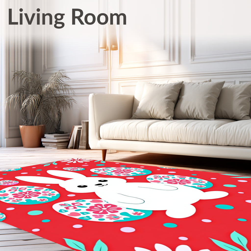 Cute White Bunny Easter Egg Meadow Rug