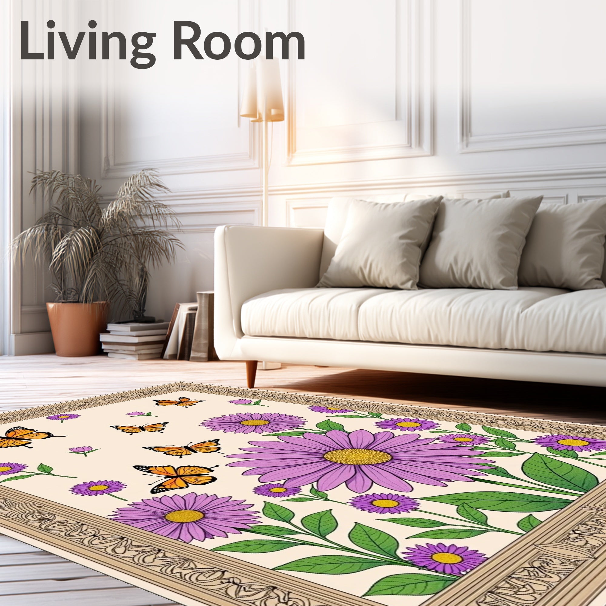 Orange Butterflies Purple Daisy Garden Rug