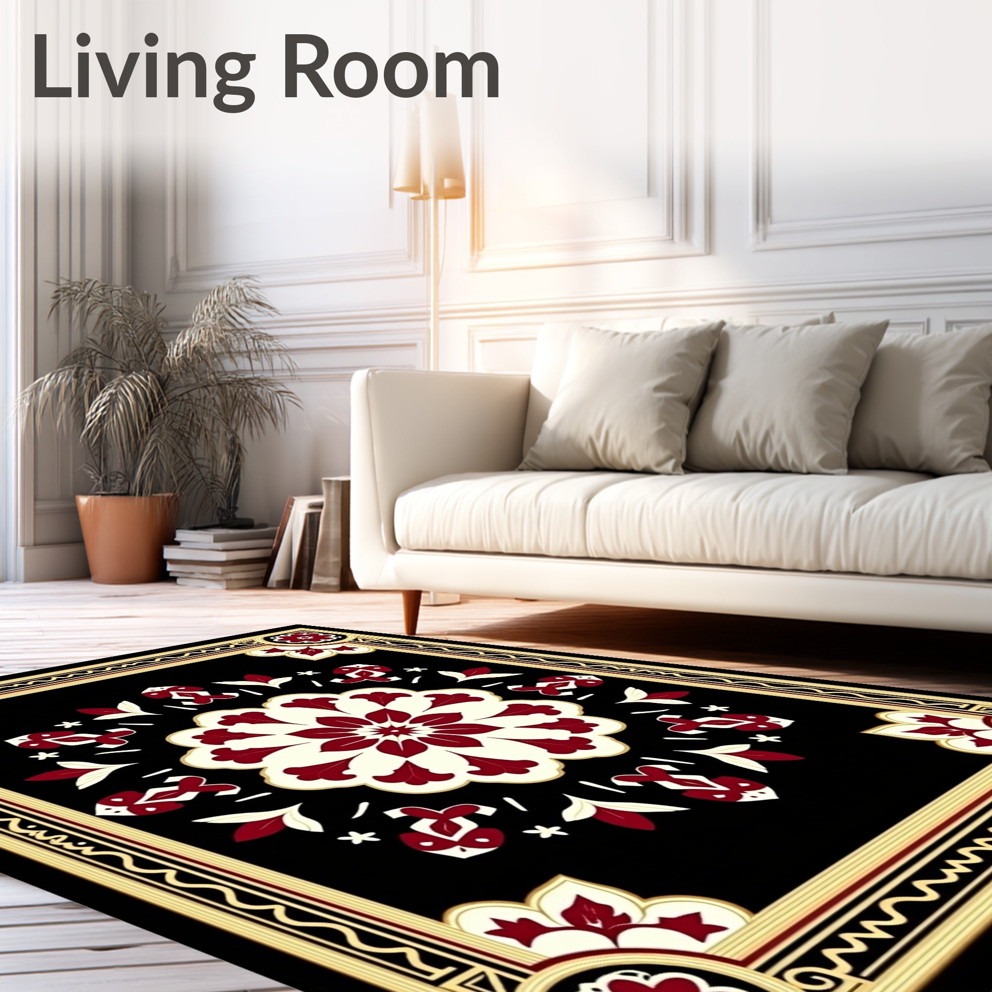 Deep Red Floral Medallion Frame Rug