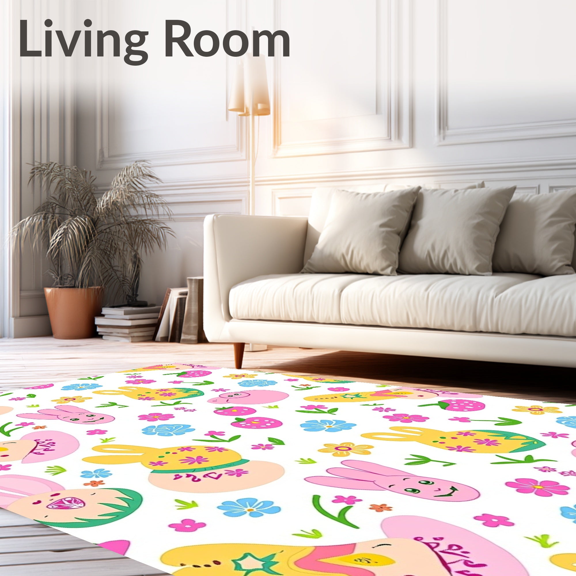 Whimsical Spring Easter Bunnies And Fruit Rug