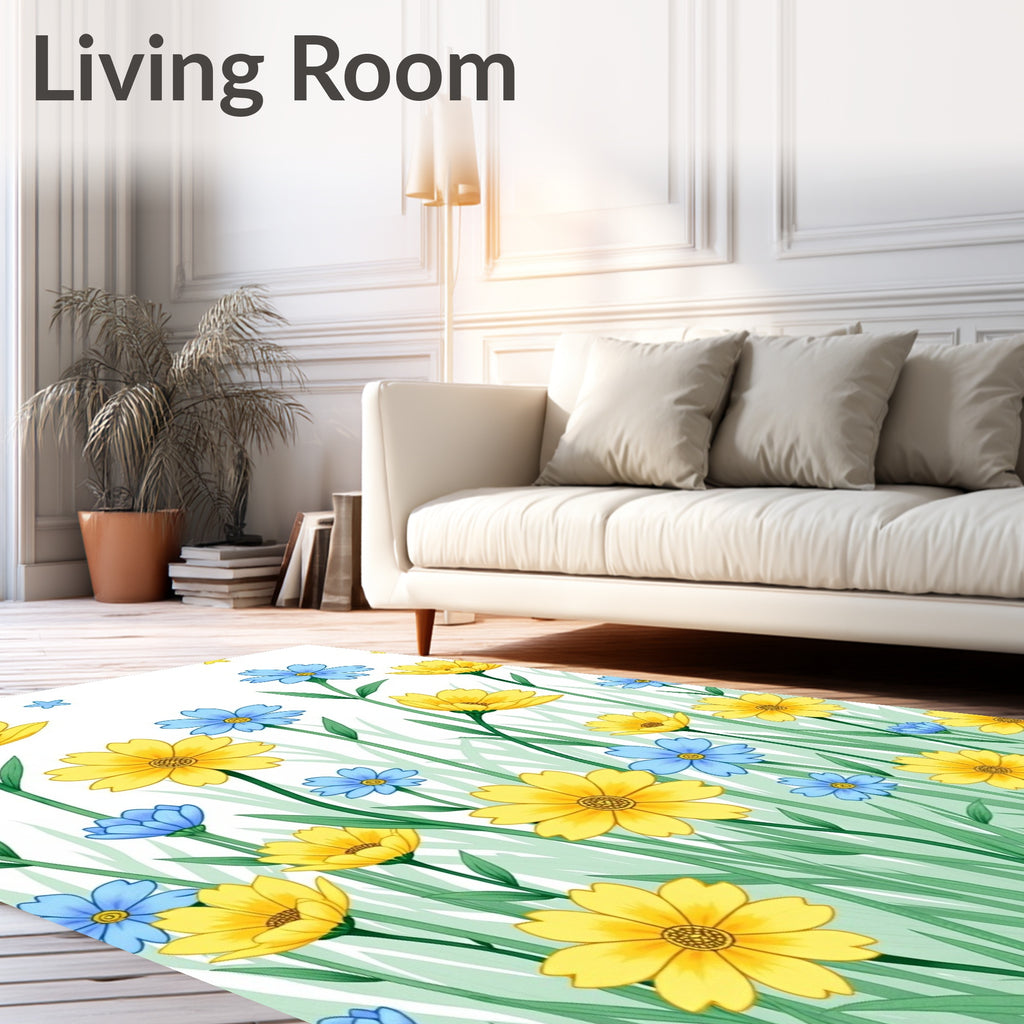 Yellow Blue Daisy Meadow Field Rug