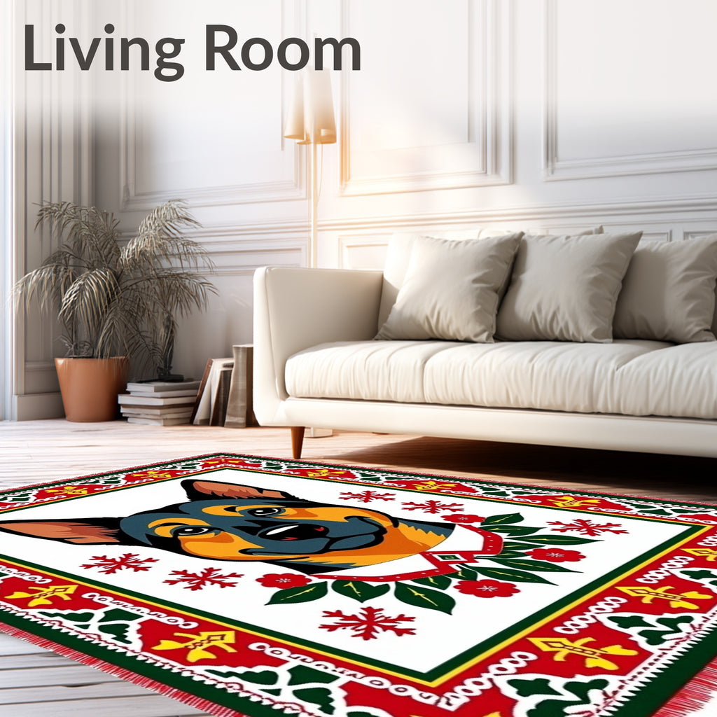 Festive Dog Portrait Red Green Border Rug