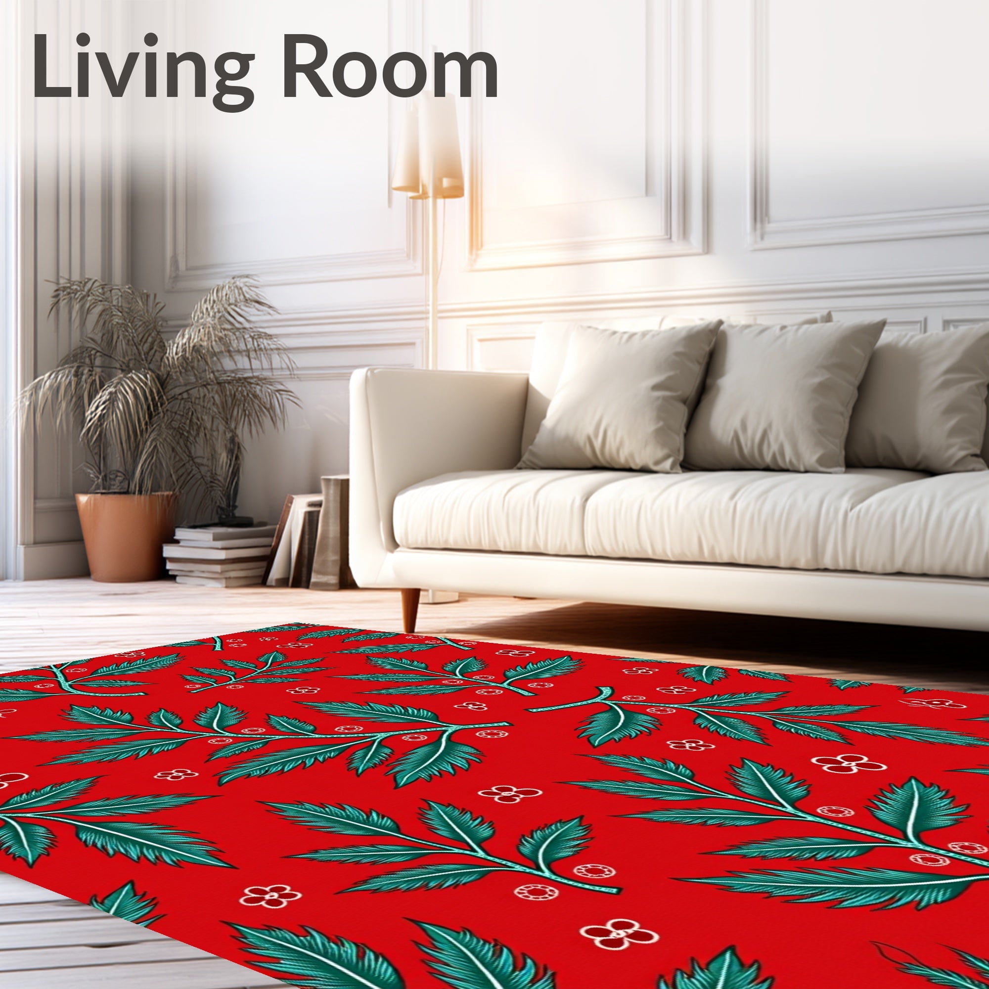 Radiant Red Teal Leafy Branches Rug