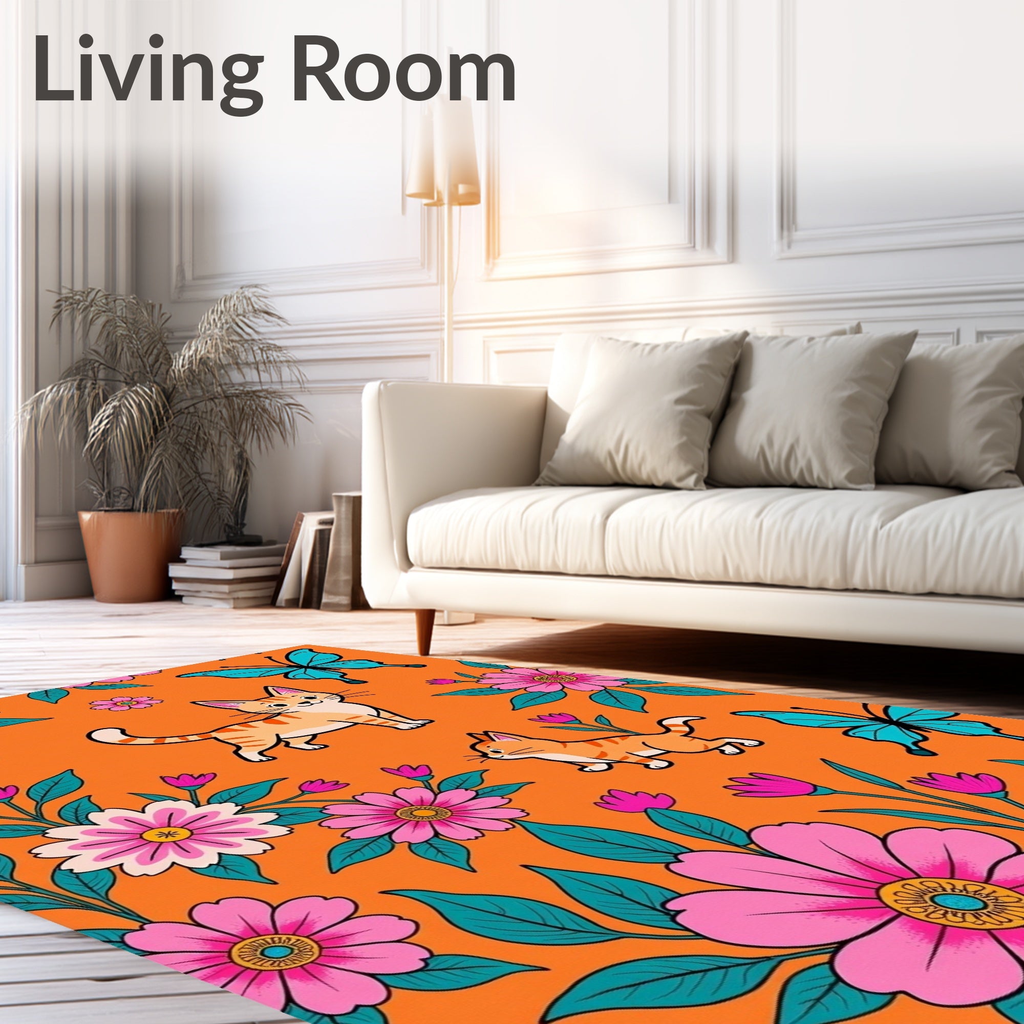 Whimsical Orange Cat Butterfly Garden Rug