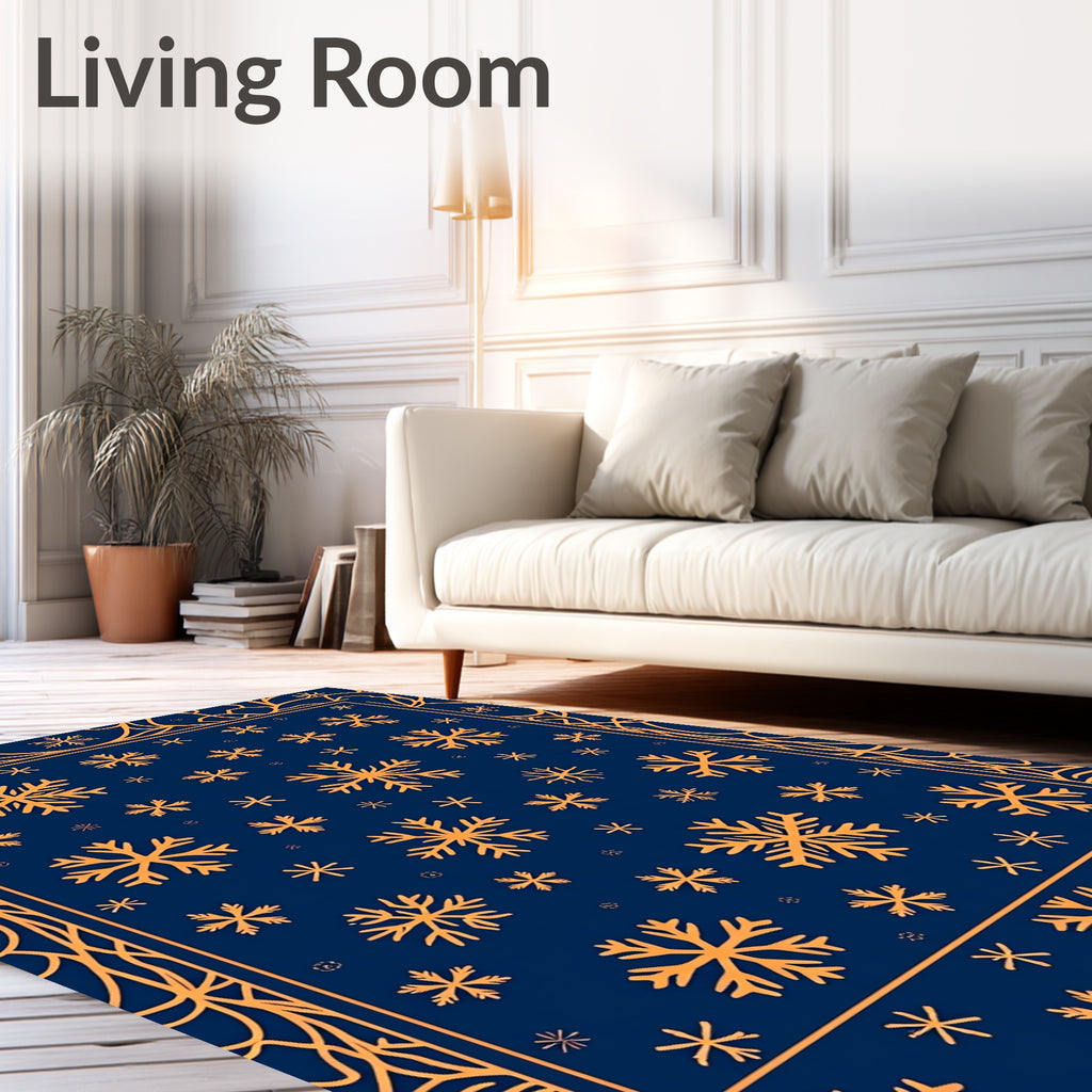 Orange Snowflakes Navy Blue Border Rug