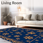 Orange Snowflakes Navy Blue Border Rug