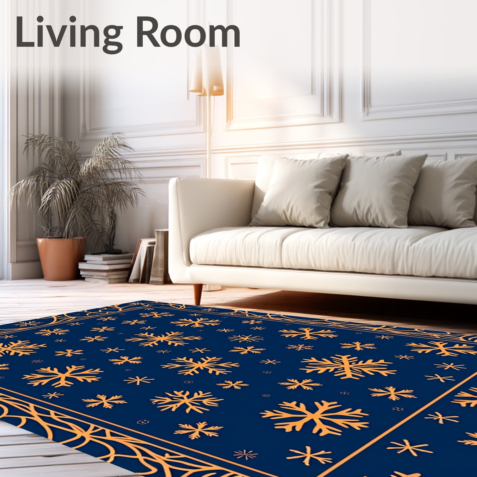 Orange Snowflakes Navy Blue Border Rug