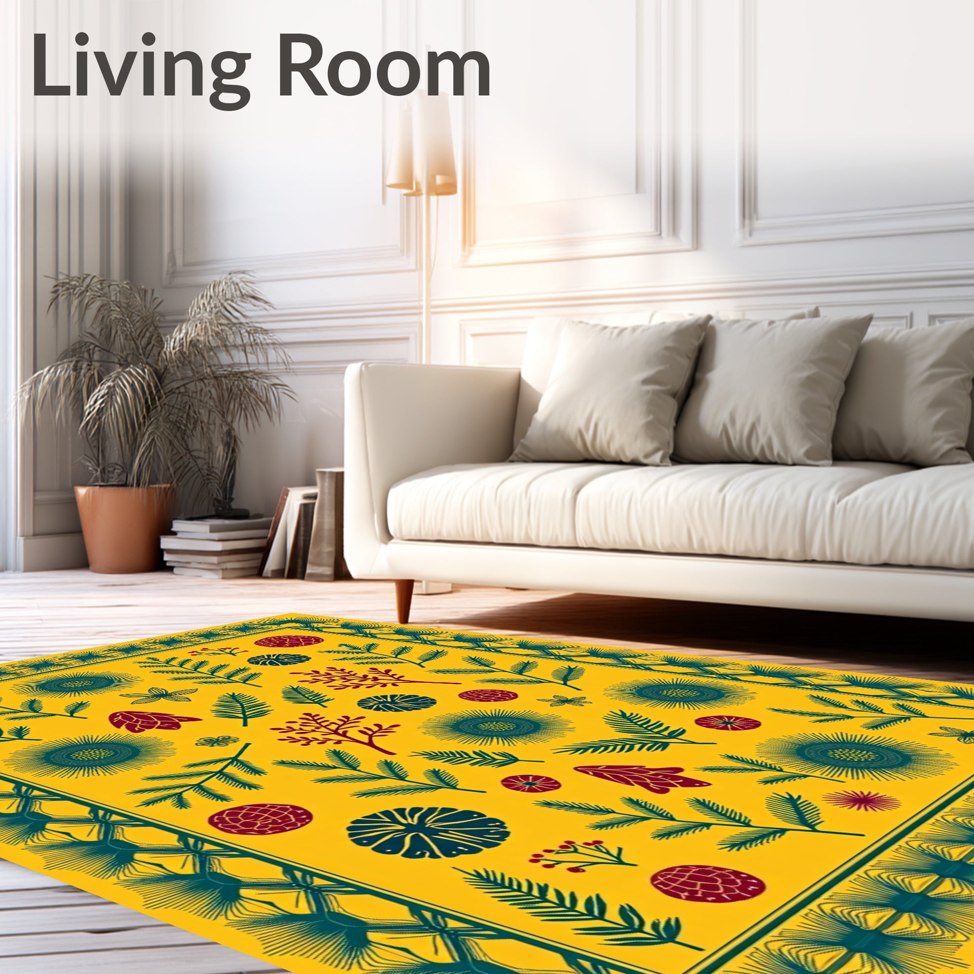 Golden Yellow Botanical Fern Medallion Rug