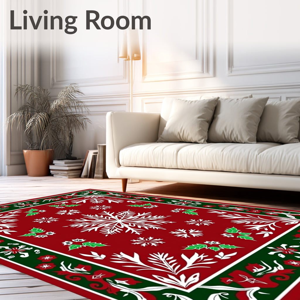Festive Red Snowflake Holly Border Rug