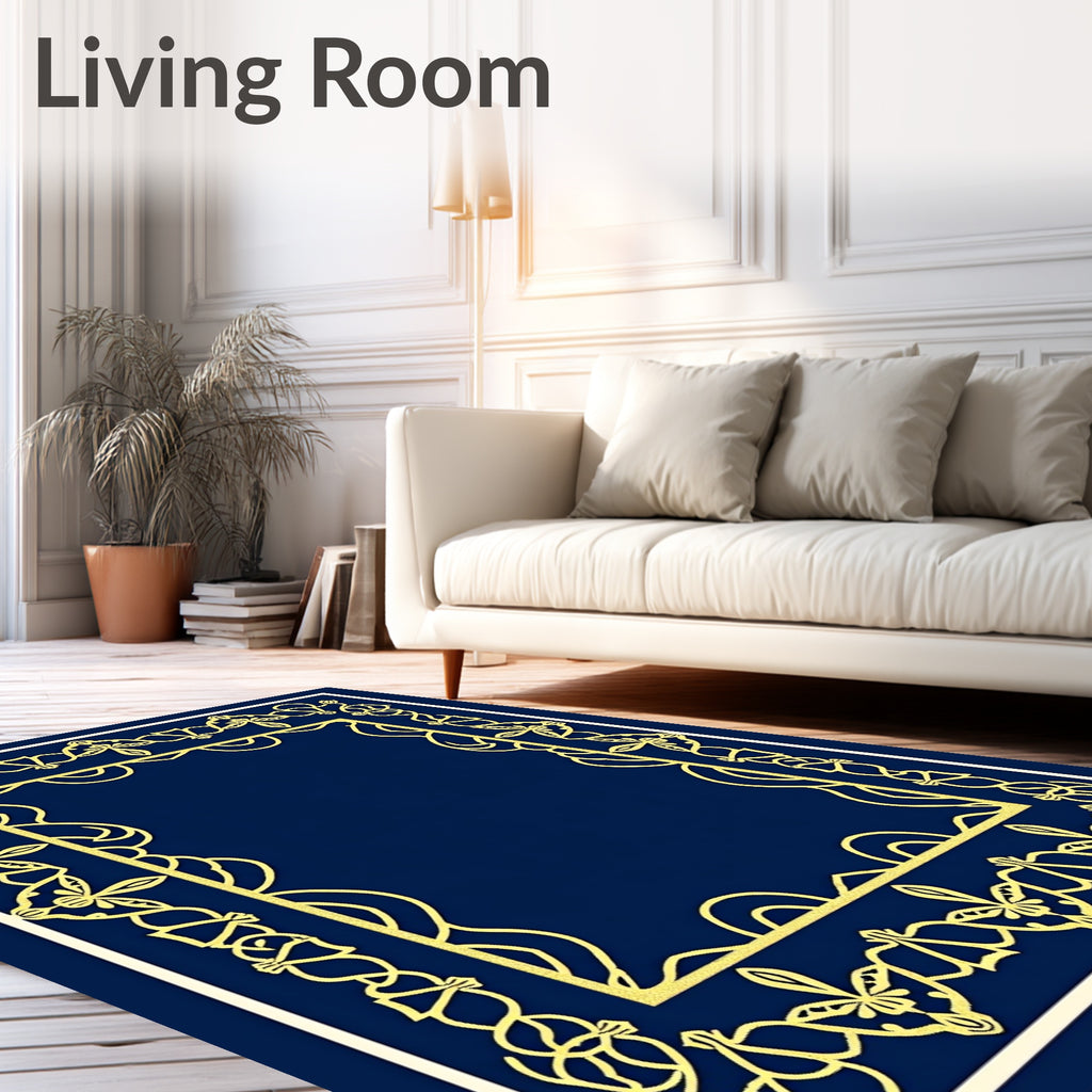 Golden Navy Floral Filigree Rectangle Rug
