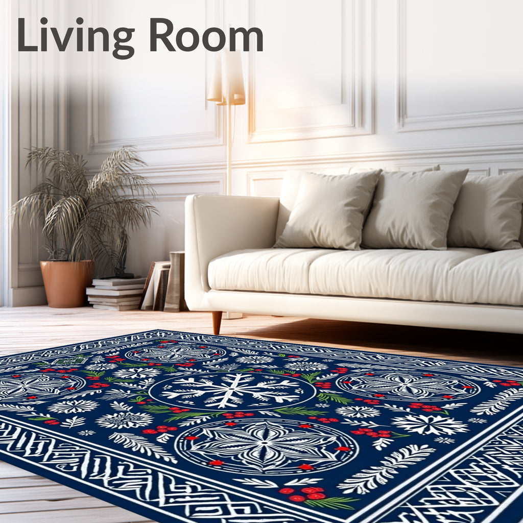 Deep Blue Winter Snowflakes Berry Medallion Rug