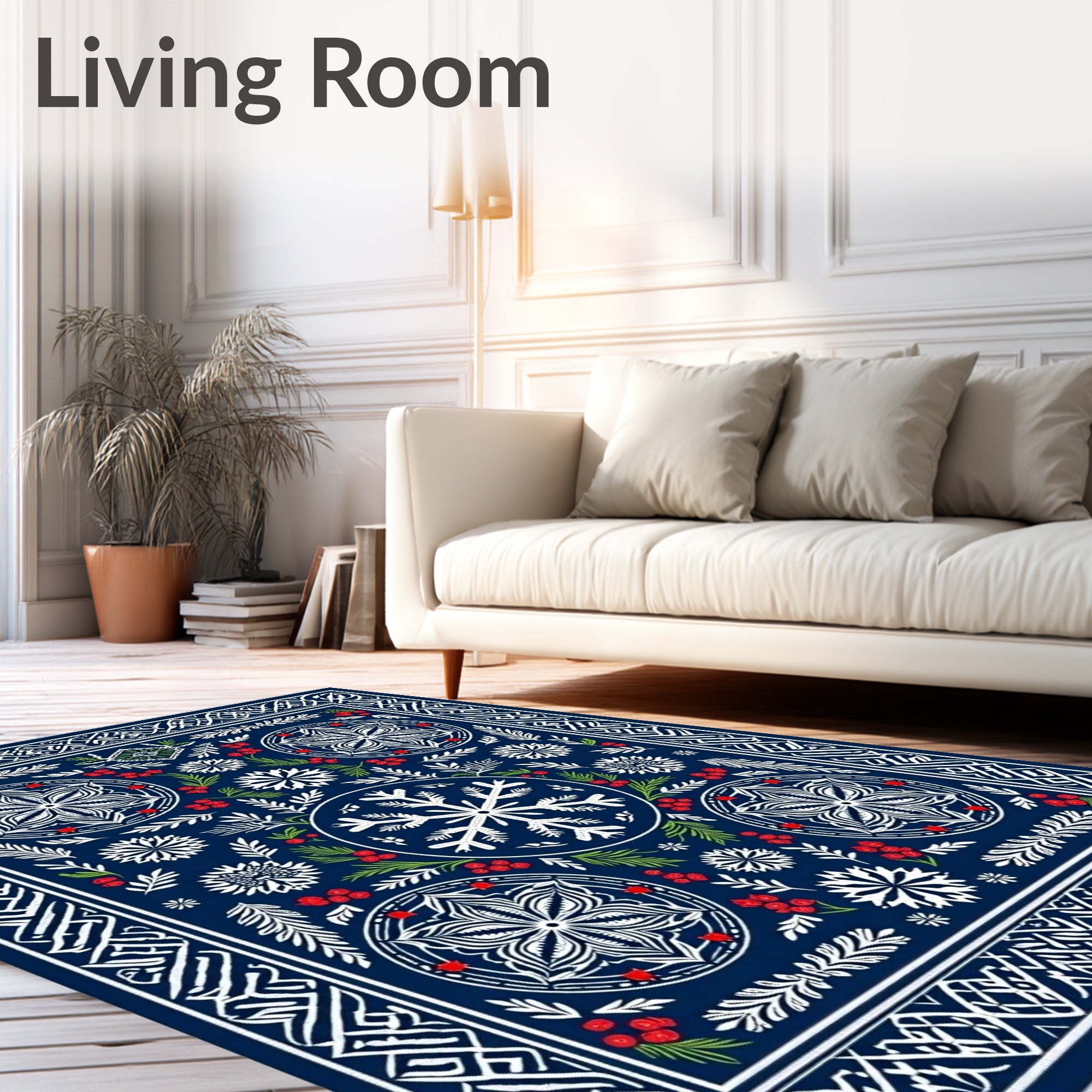 Deep Blue Winter Snowflakes Berry Medallion Rug
