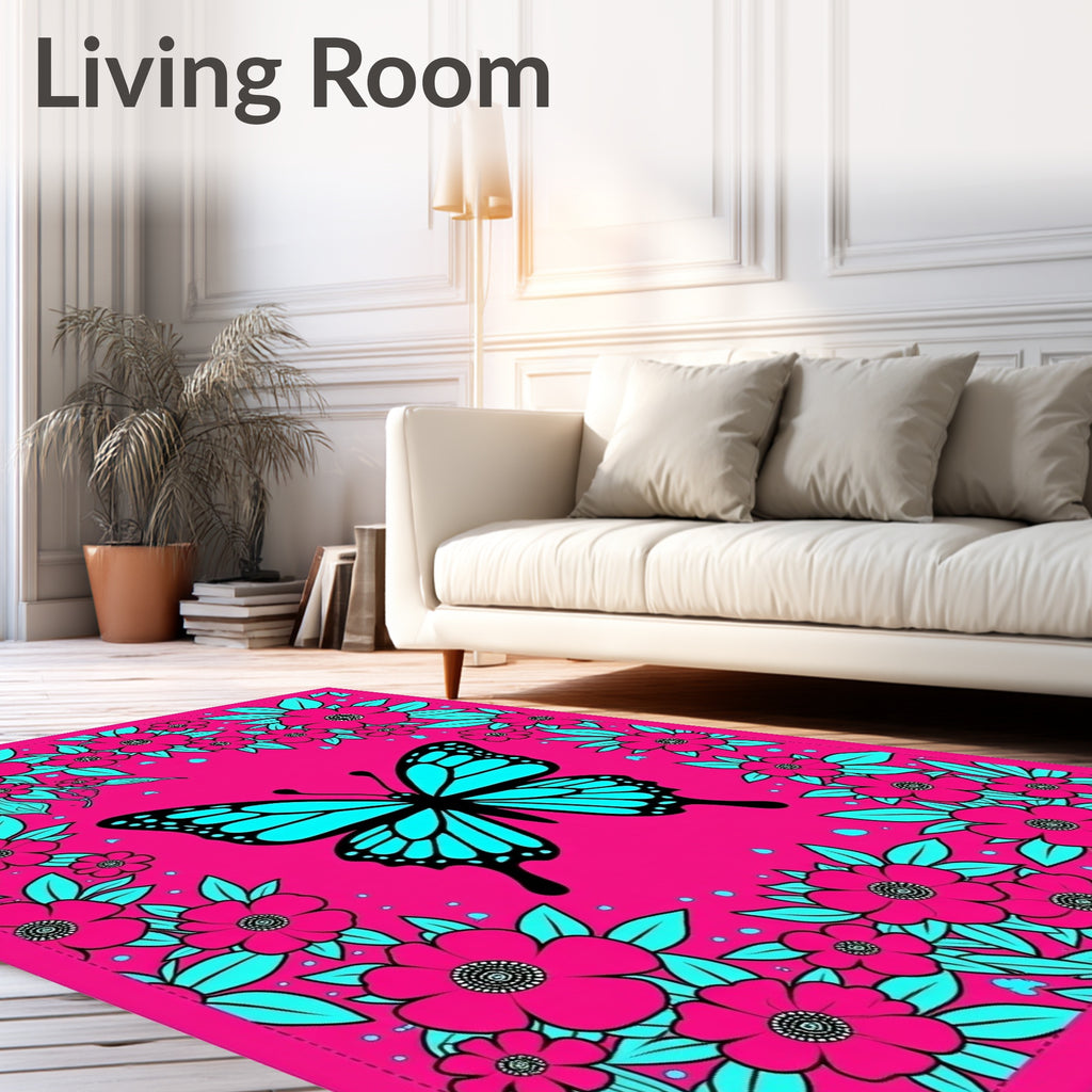 Bright Pink Butterfly Floral Swirl Rug