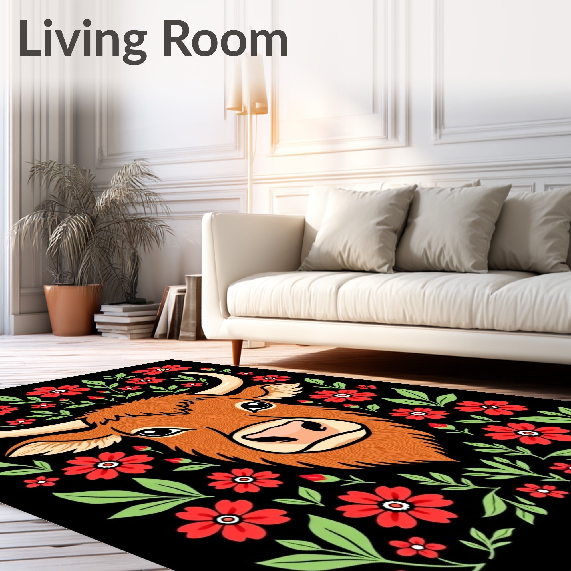Highland Cow Red Floral Border Rug