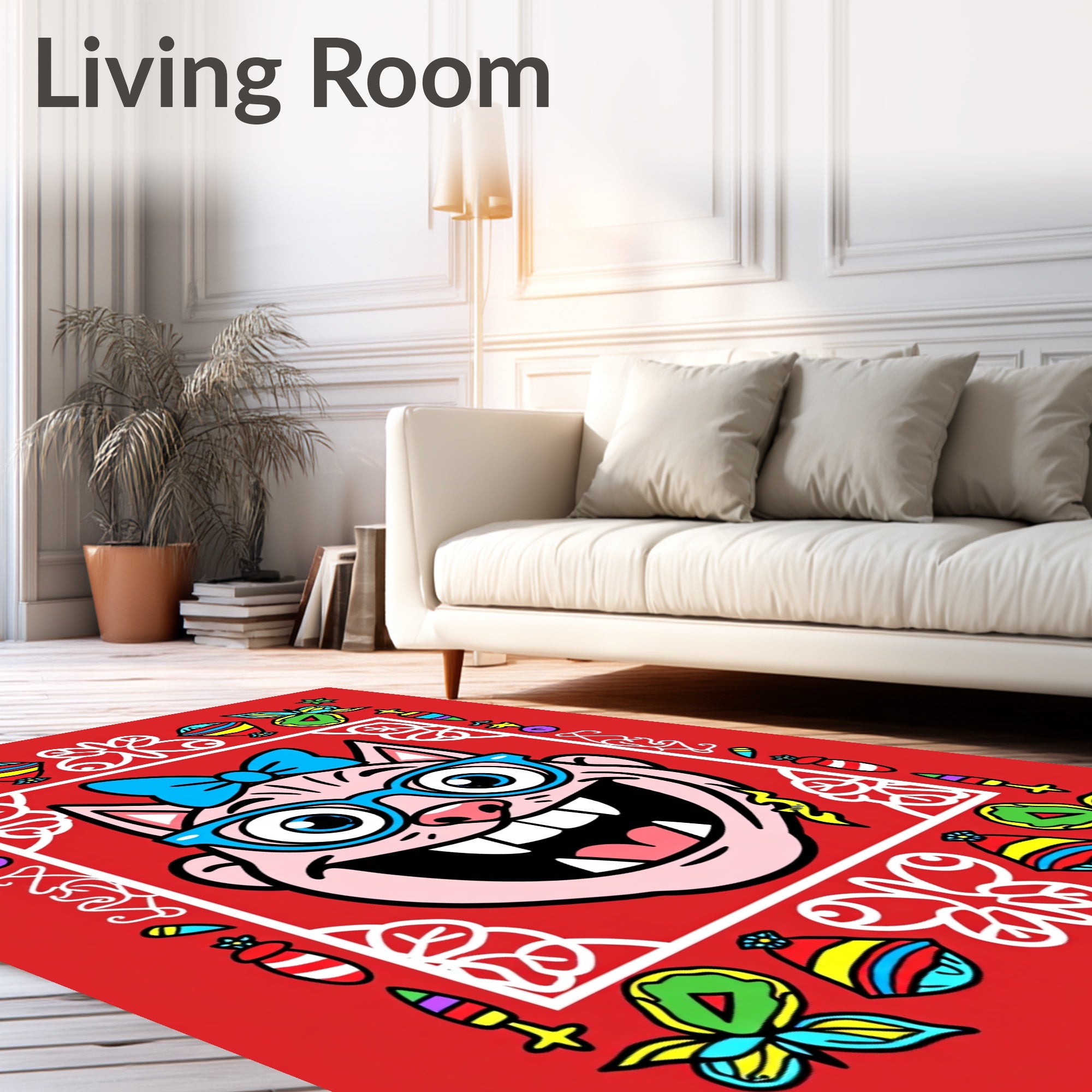 Whimsical Pink Cat Blue Glasses Border Rug