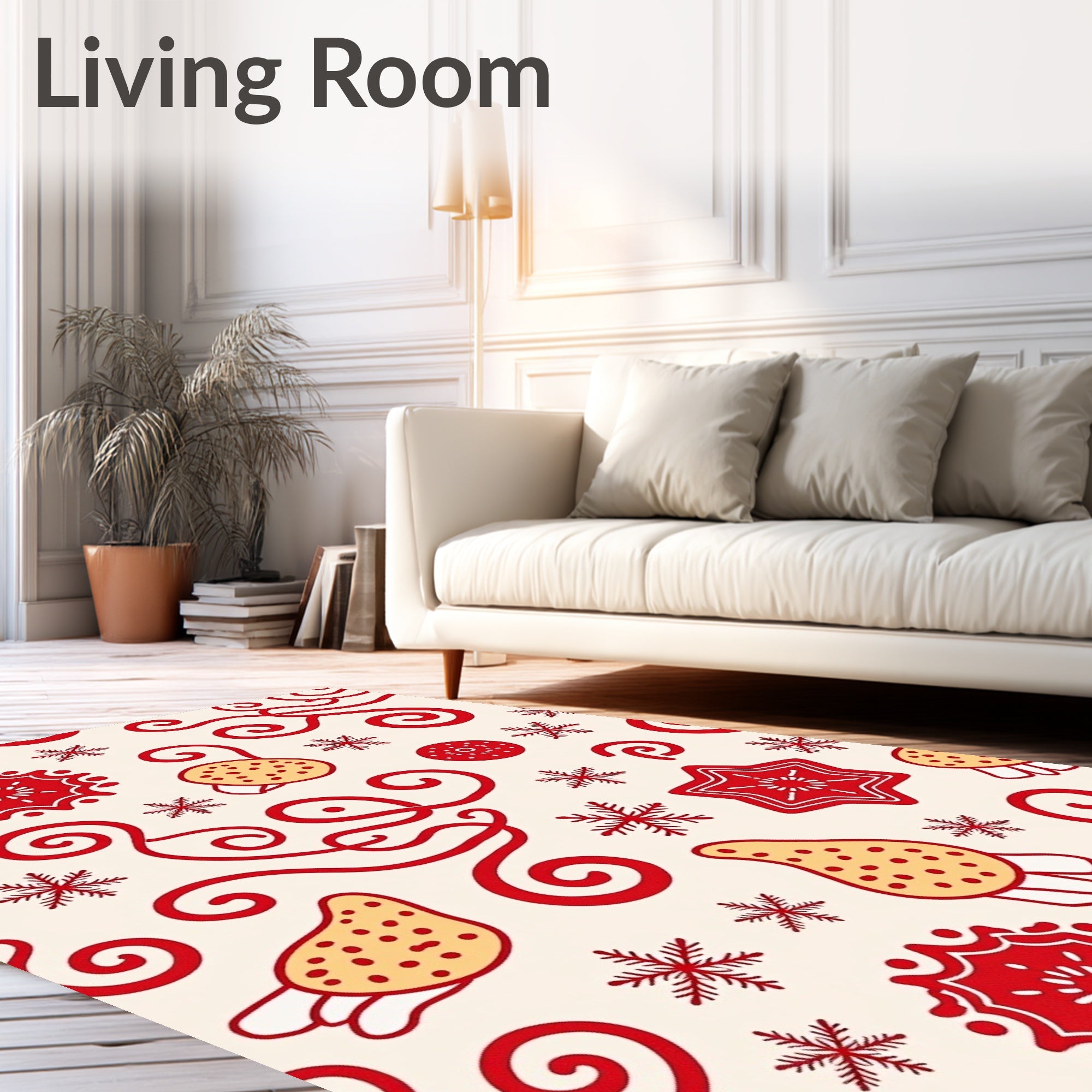 Red Snowflake Mushroom Swirl Festive Rug