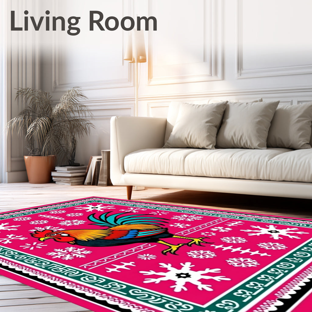 Vibrant Pink Rooster Snowflake Folk Art Rug