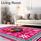 Vibrant Pink Rooster Snowflake Folk Art Rug