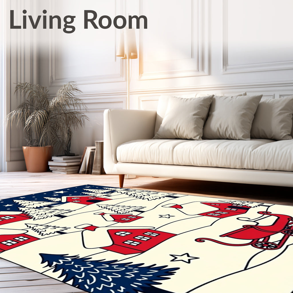 Red Village Snow Scene Sleigh Stars Rug