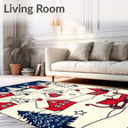 Red Village Snow Scene Sleigh Stars Rug