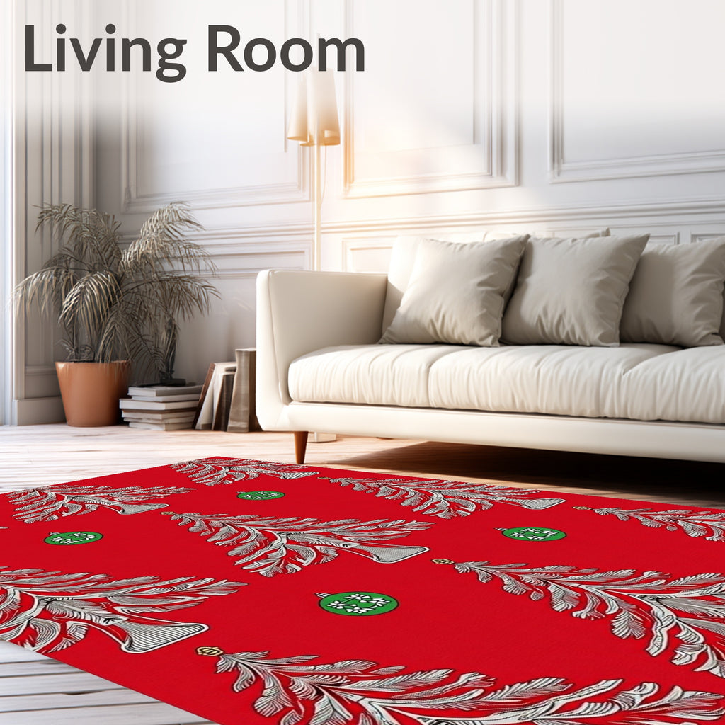 Red Evergreen Christmas Ornaments Rug