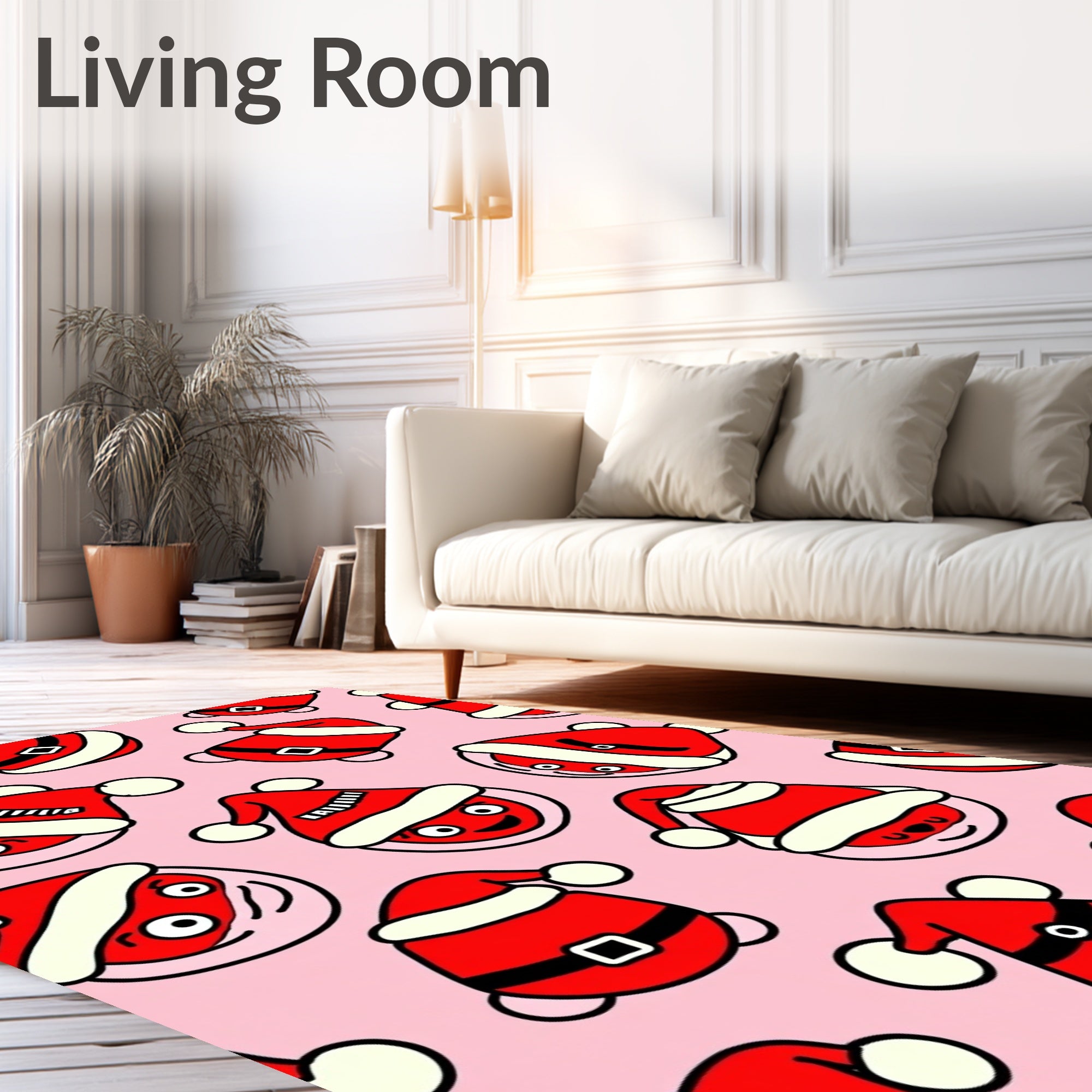 Festive Red Santa Heads Pink Background Rug