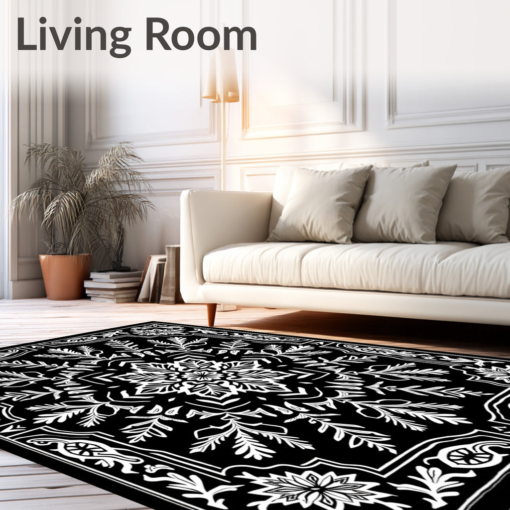 Black White Floral Mandala medallion Rug