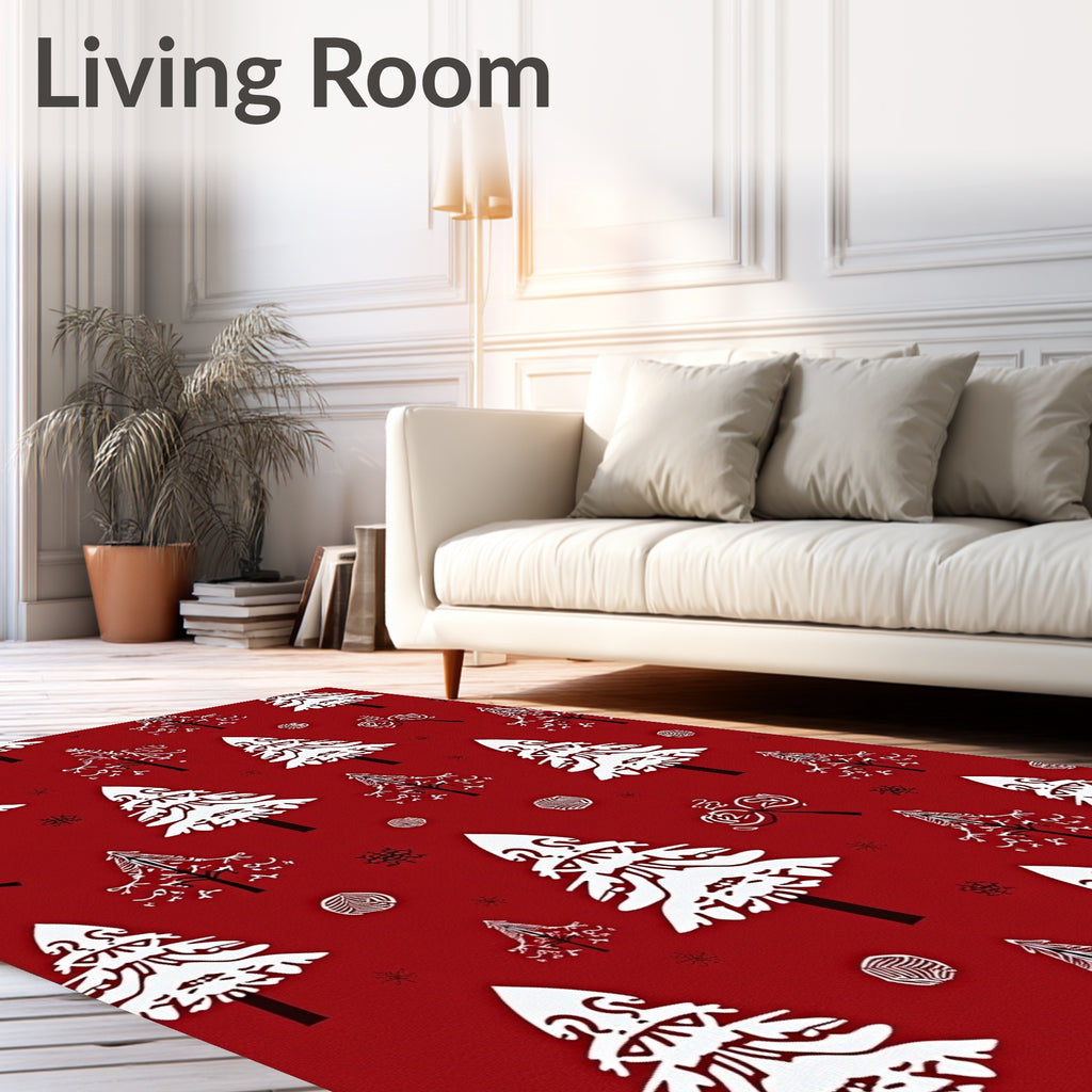 Red White Festive Christmas Trees Rug
