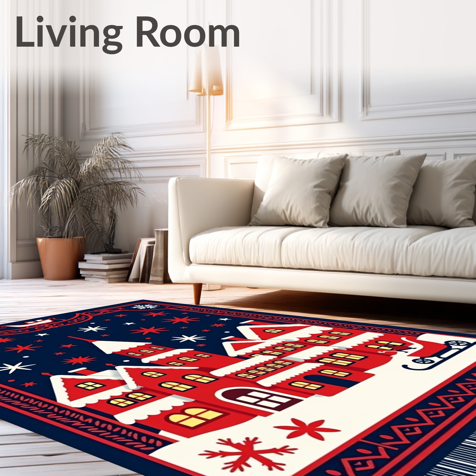 Winter Village Red Snowflakes Scene Rug