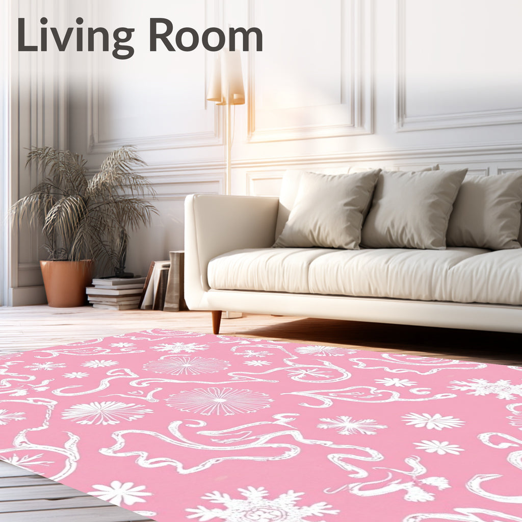 White Whimsical Flourishes Pink Floral Rug