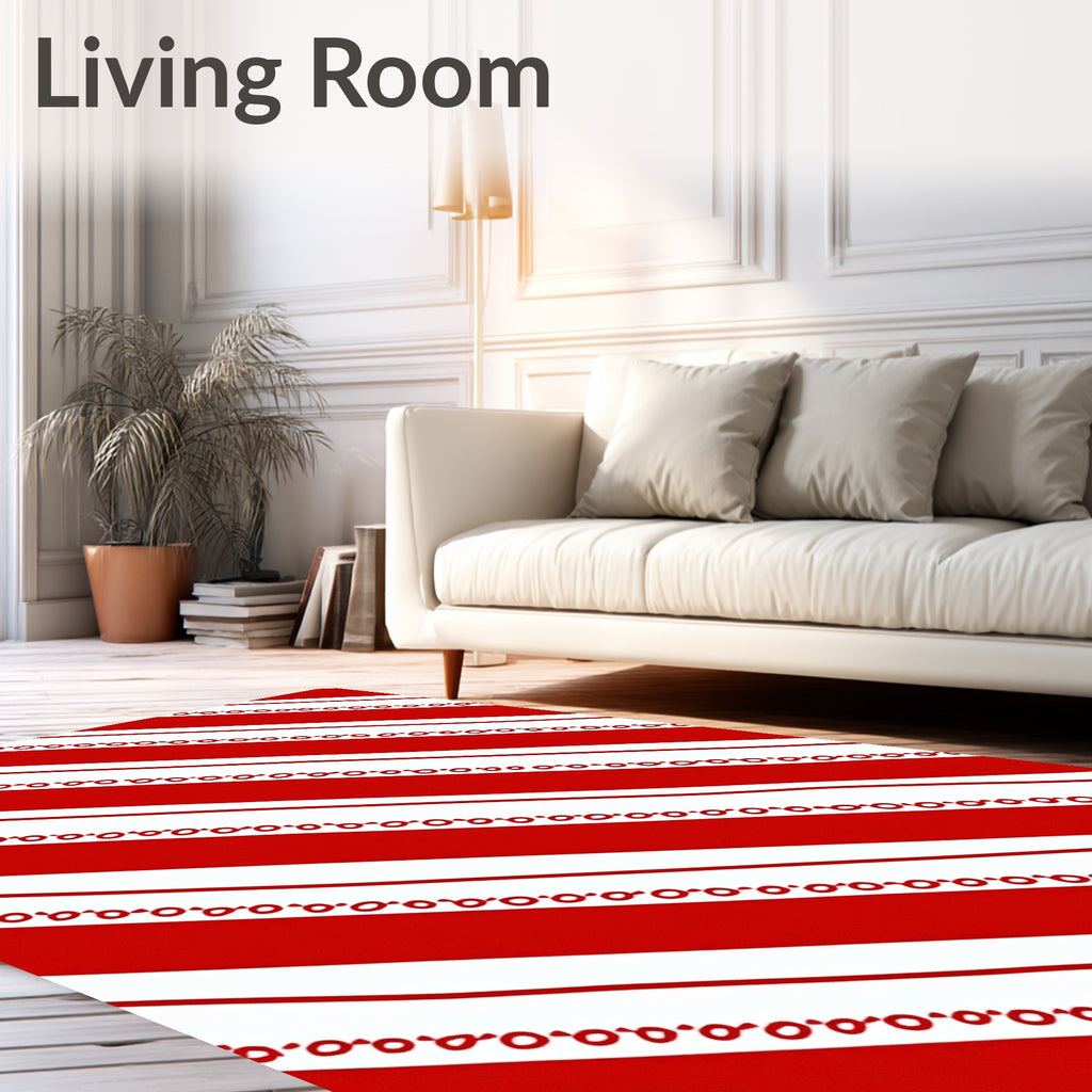 Bold Red White Diagonal Stripe Border Rug