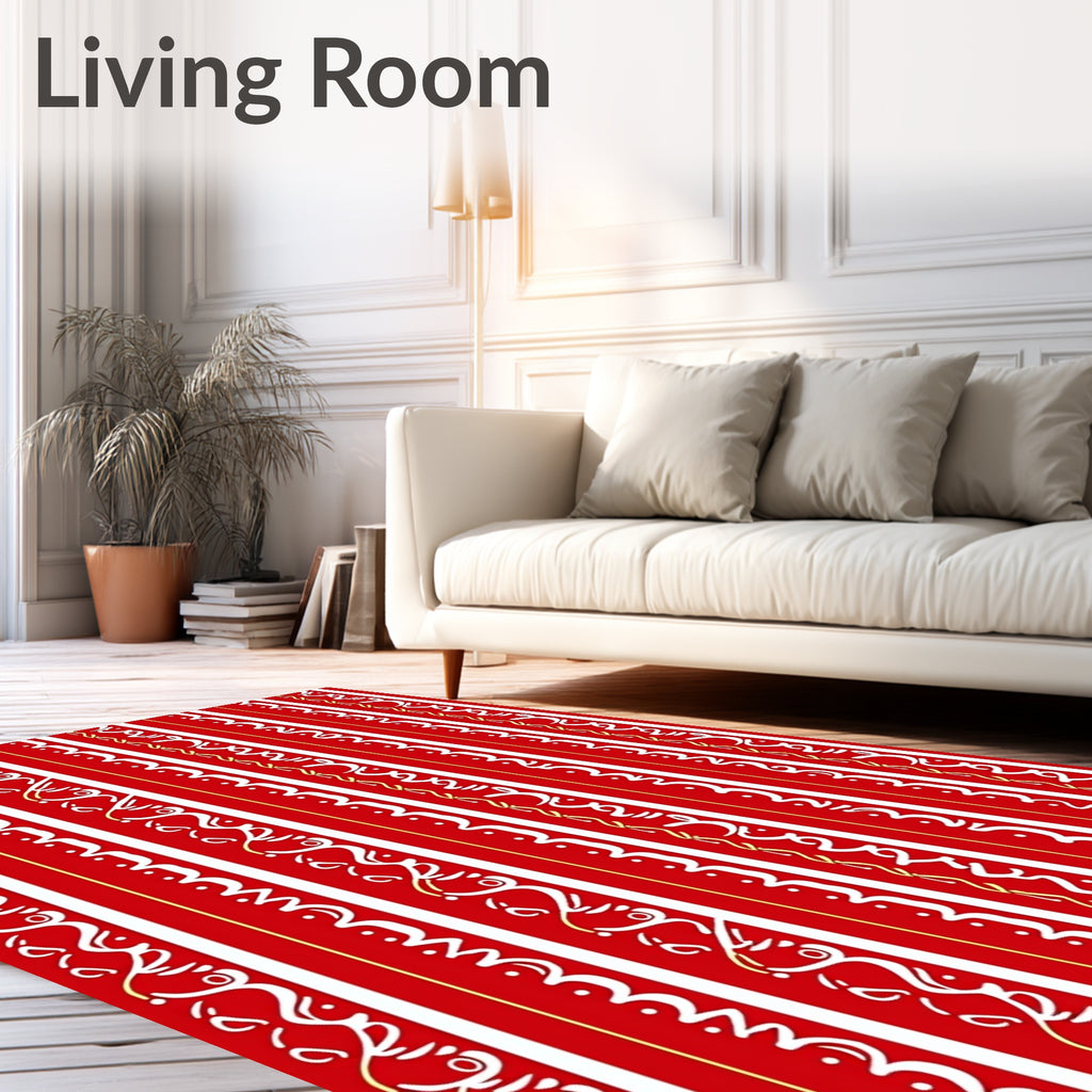 Red White Gold Striped Scalloped Ribbon Rug