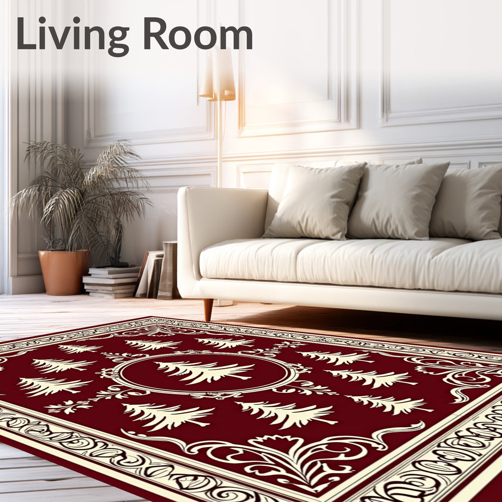 Crimson Cream Evergreen Forest Borders Rug