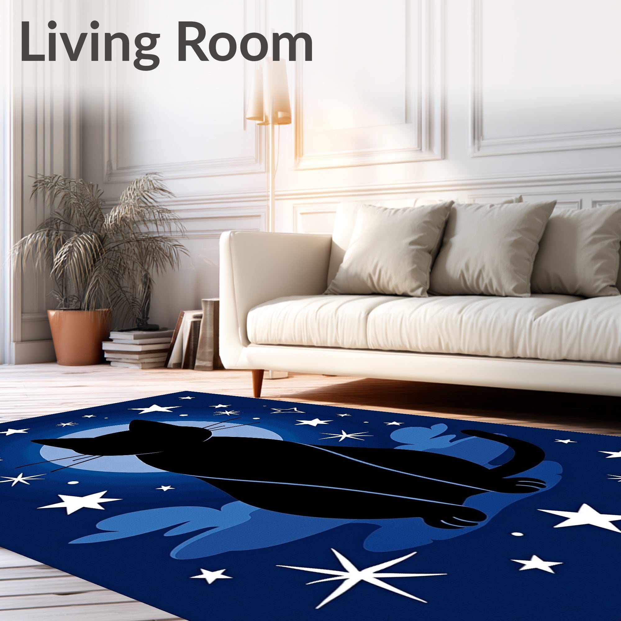 Midnight Black Cat Celestial Stars Rug
