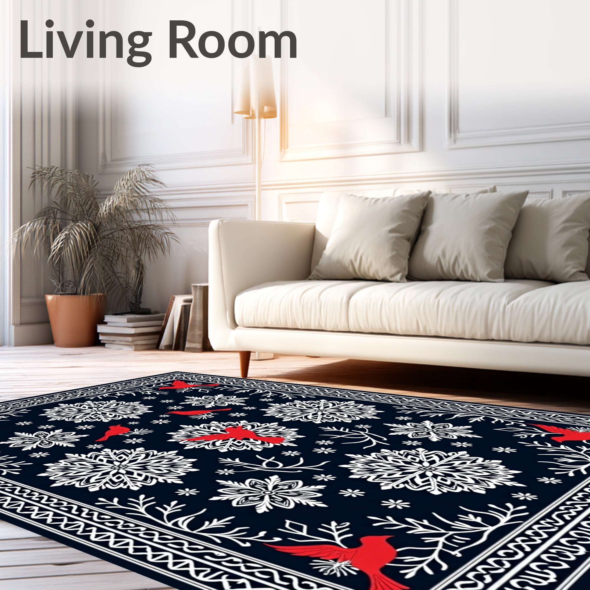 Bold Red Cardinal Snowflake Navy Rug