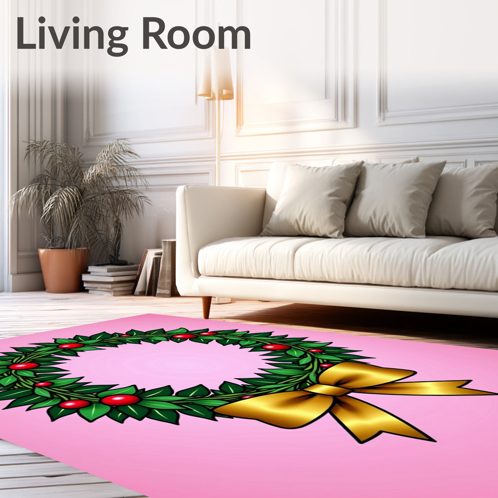 Green Leaf Red Berry Golden Bow Wreath Rug