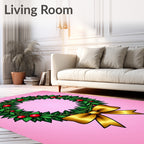 Green Leaf Red Berry Golden Bow Wreath Rug