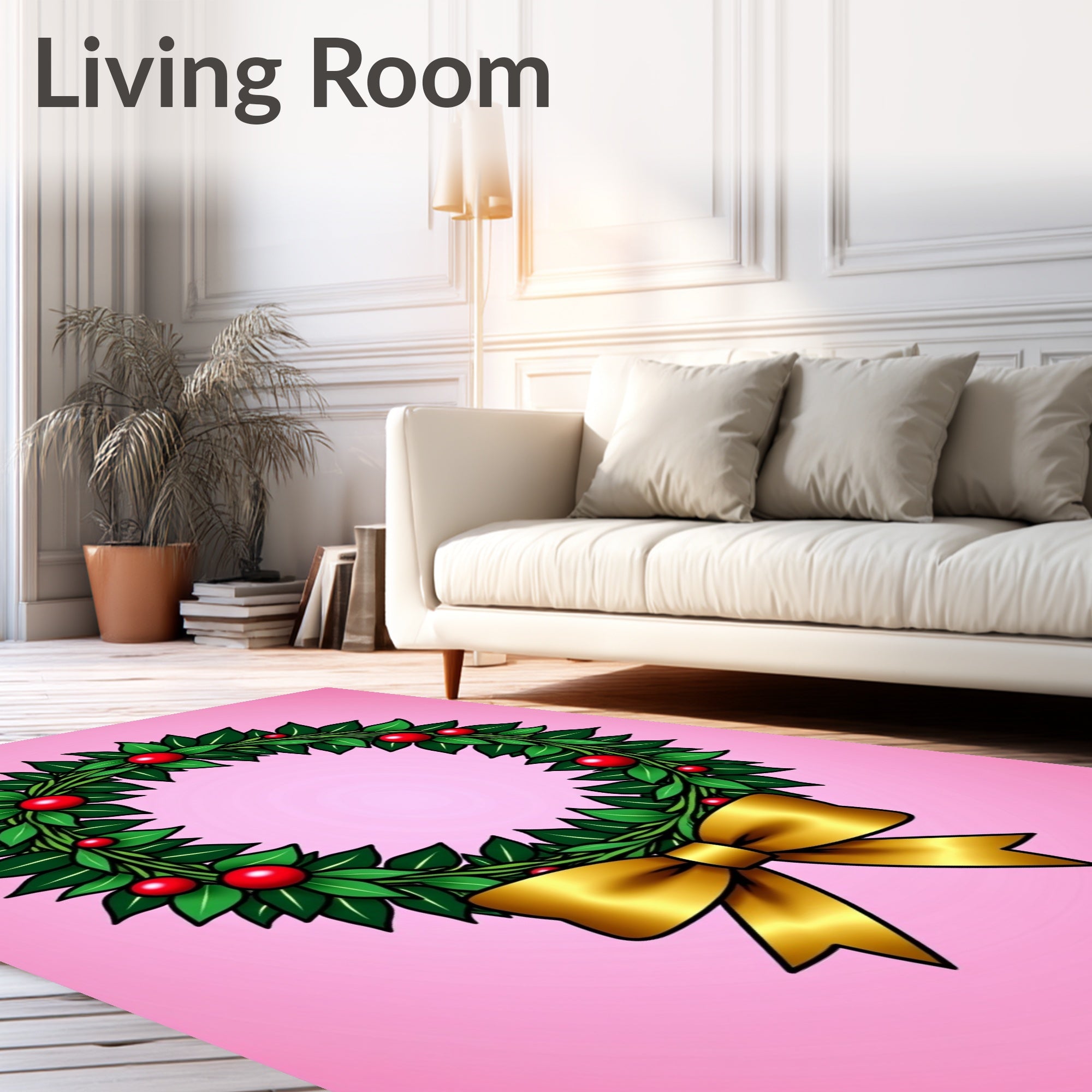 Green Leaf Red Berry Golden Bow Wreath Rug