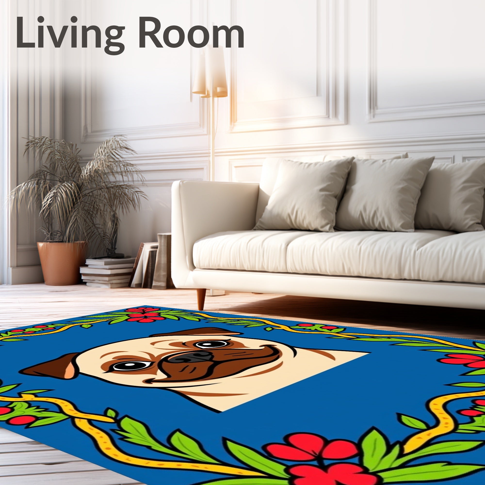 Cute Pug Floral Border Rug