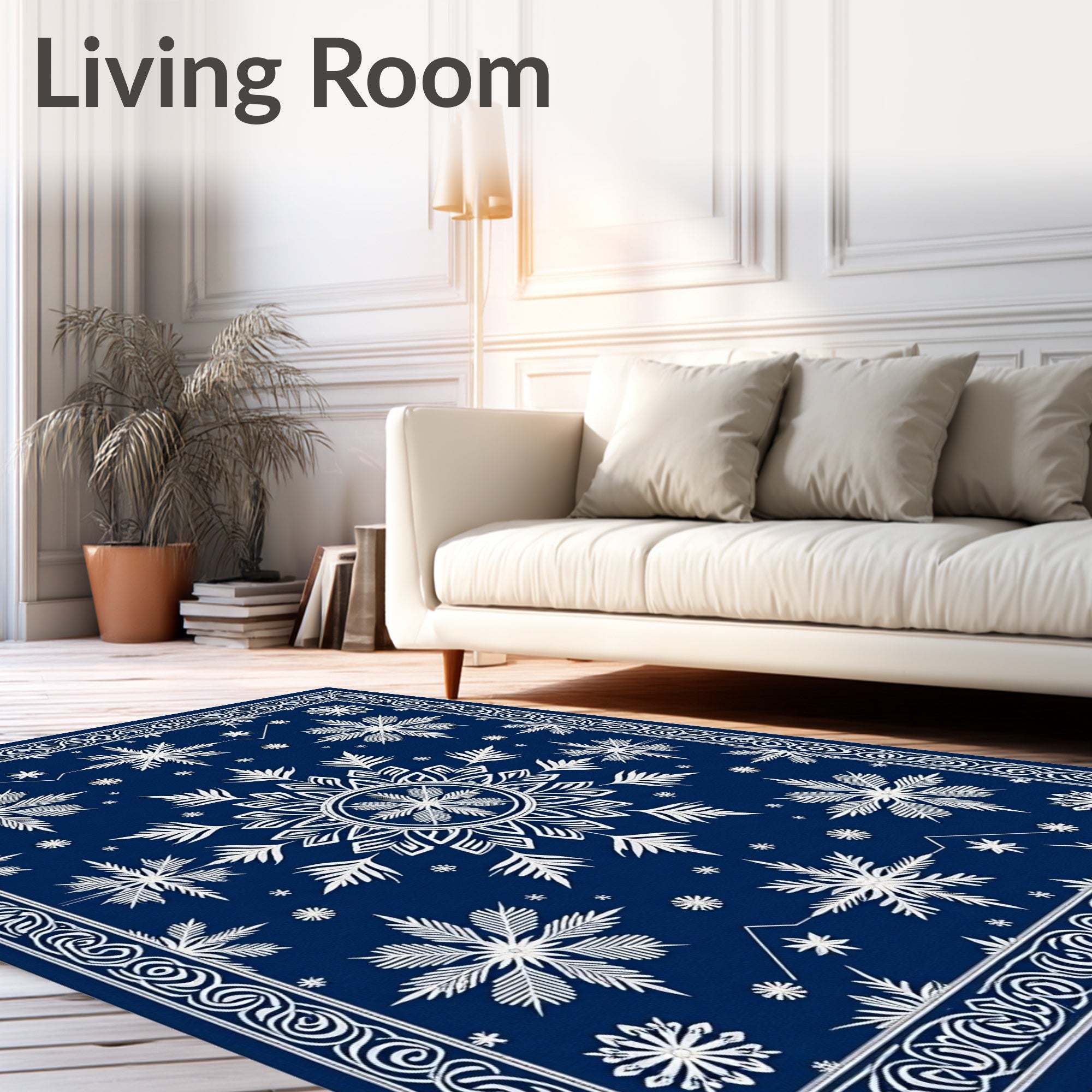Deep Blue White Snowflake Mandala Rug