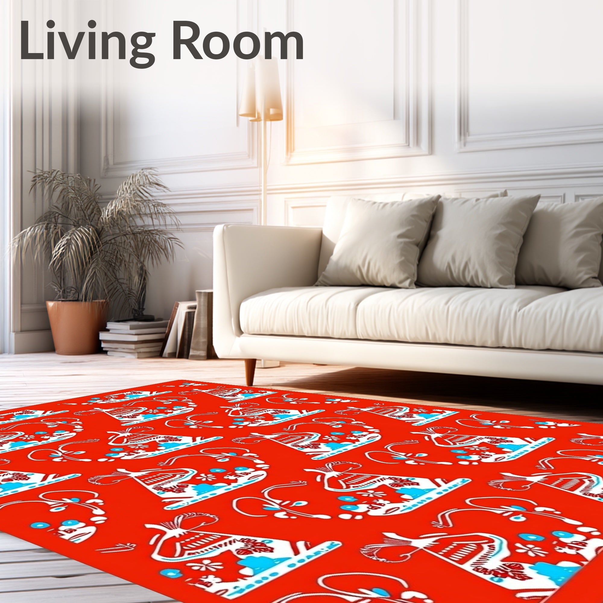 Vibrant Red White Blue Floral Teapot Rug