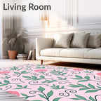 Pink Floral Green Leaf Swirls Rug