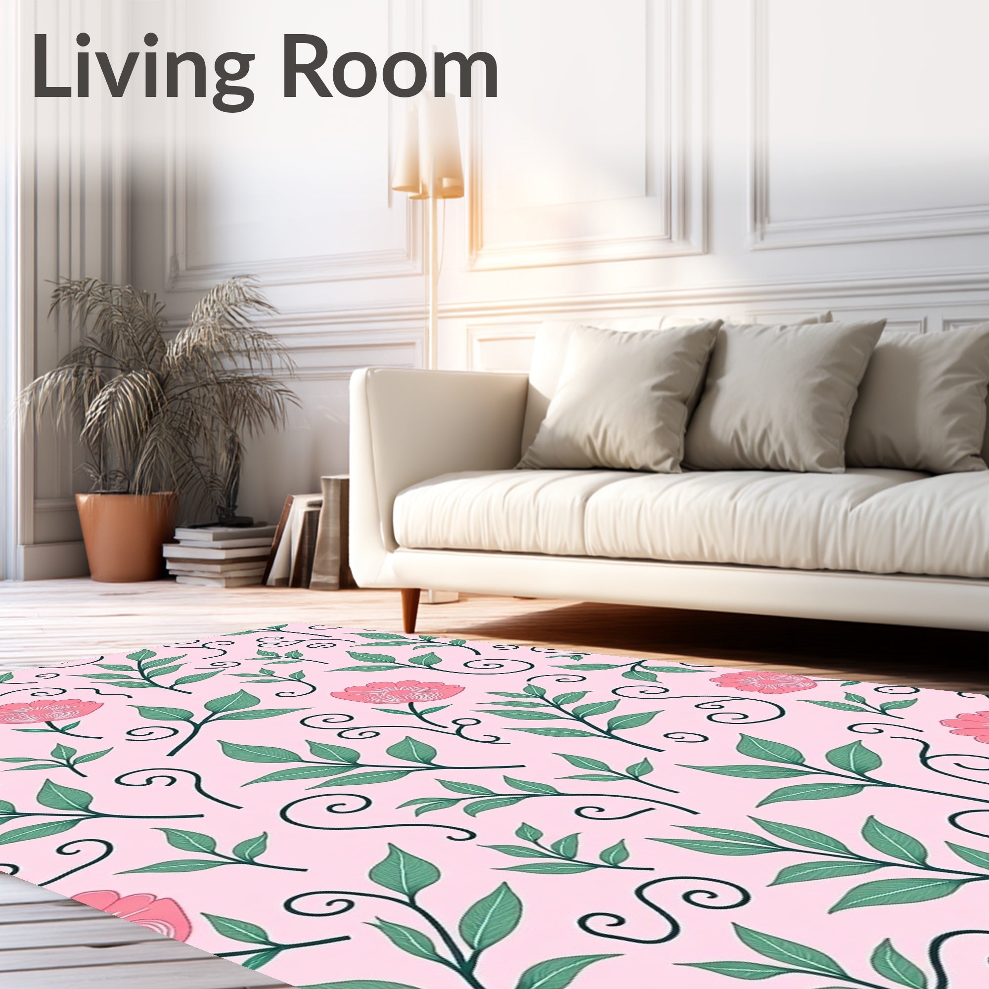 Pink Floral Green Leaf Swirls Rug