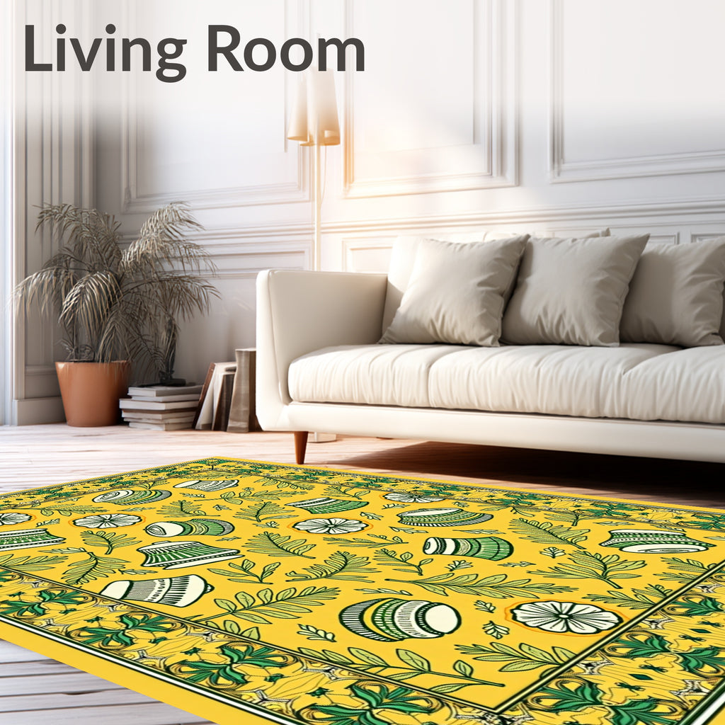 Golden Yellow Floral Bell Border Rug