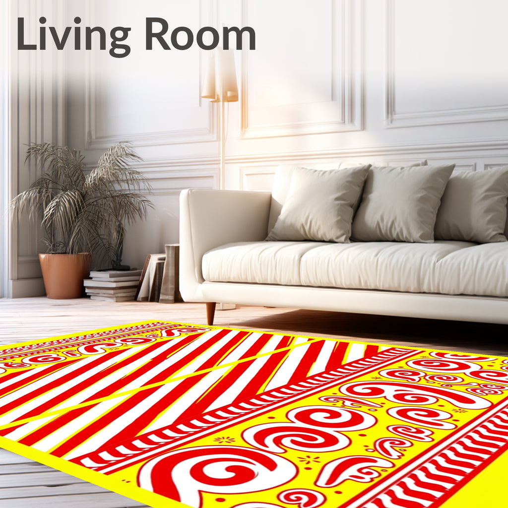 Vibrant Red Swirl Stripe Border Rug