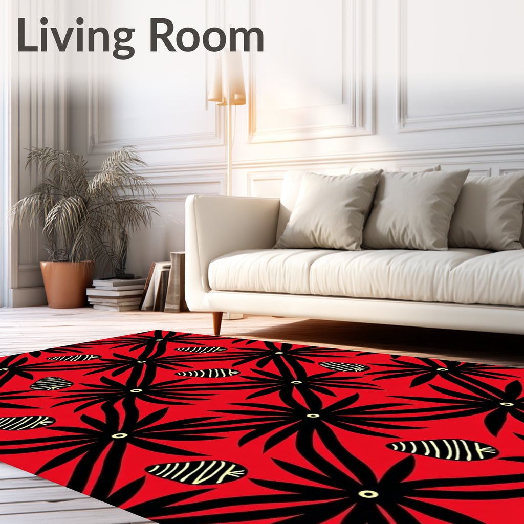 Vibrant Red Black Starburst Seed Rug