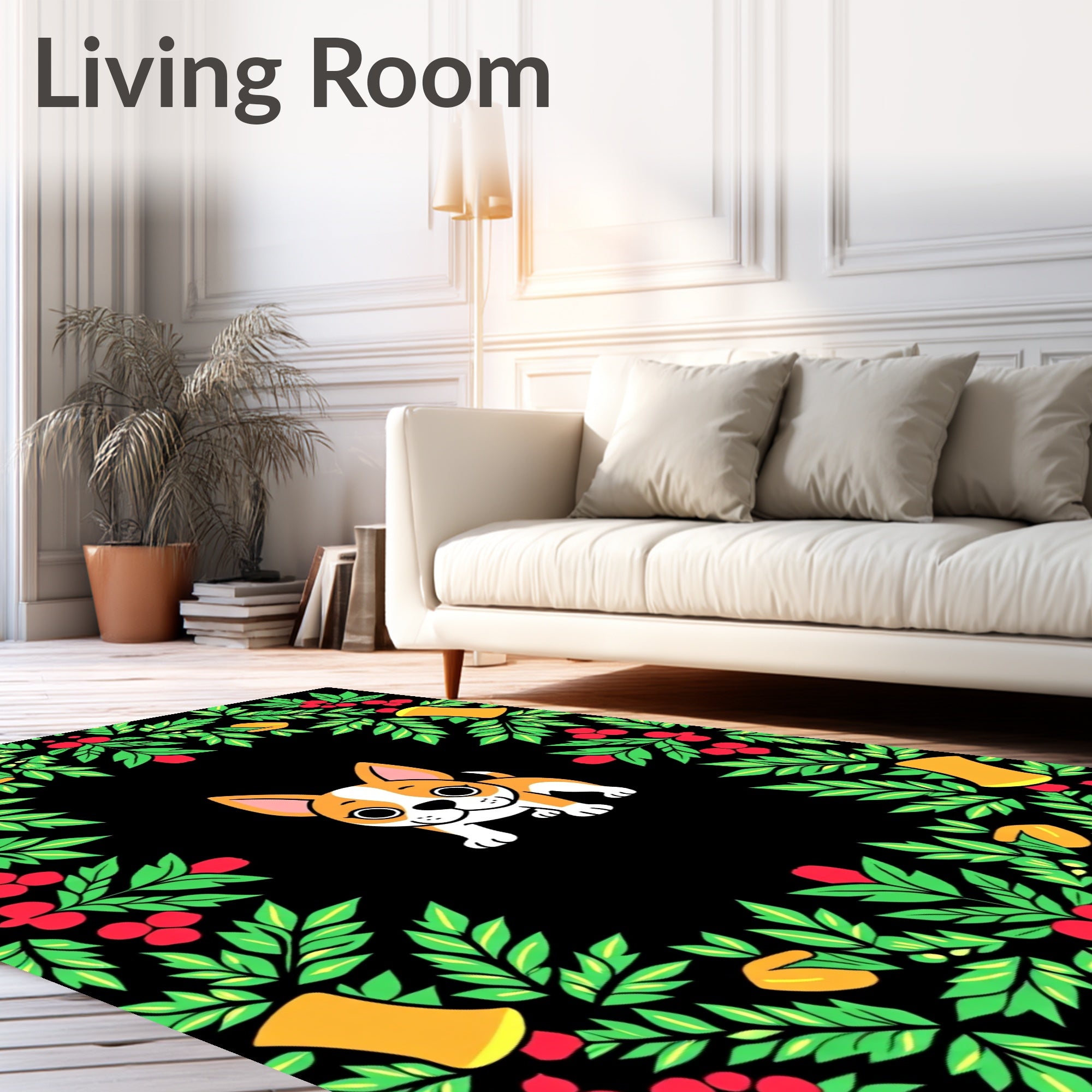 Charming Dog With Holly Bells Border Rug