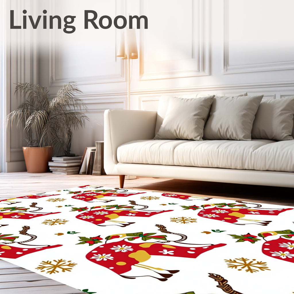 Red Floral Cow Snowflakes Holiday Rug